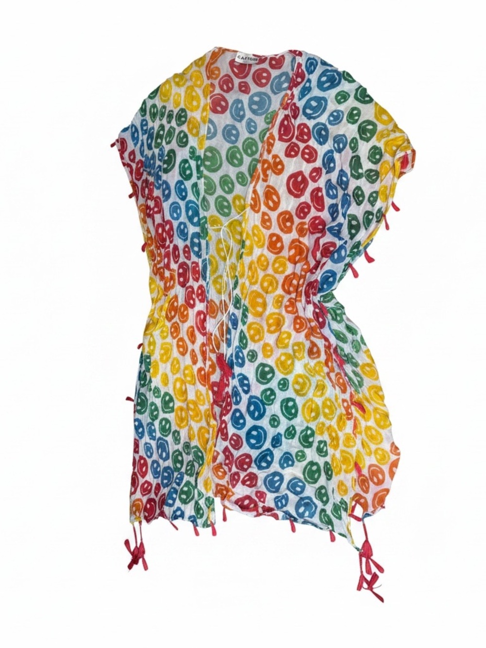 Katydid Rainbow Smiley Face Tassel Kimono Beach Cover Up OS